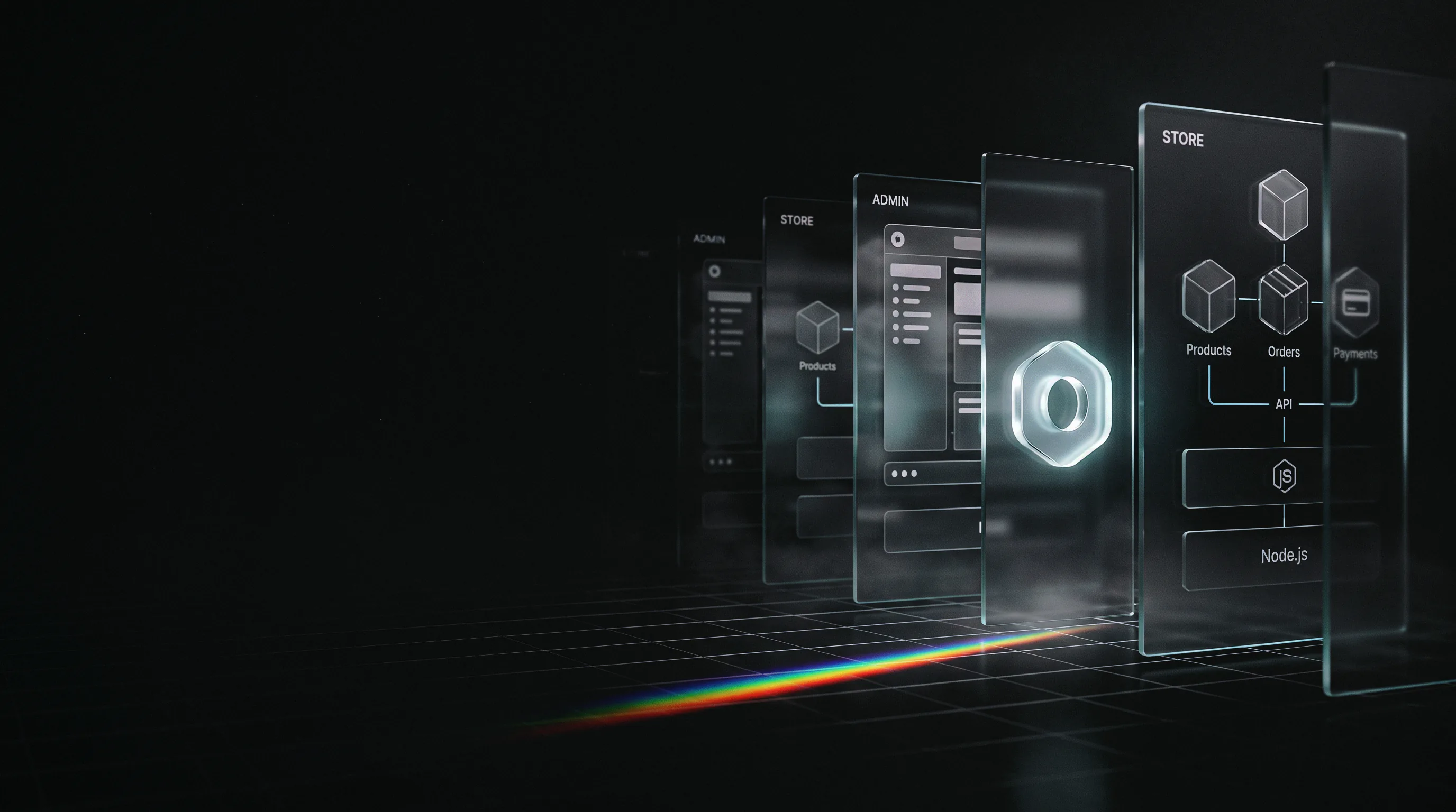 Abstrakte, dunkle 3D-Illustration einer headless Commerce-Architektur: durchscheinende Milchglas-Panels mit modularen Commerce-Bausteinen, einer Node.js-Serverschicht und API-Verbindungslinien schweben perspektivisch über einem Wireframe-Raster; rechts leuchtet ein modulares Backend-Motiv.