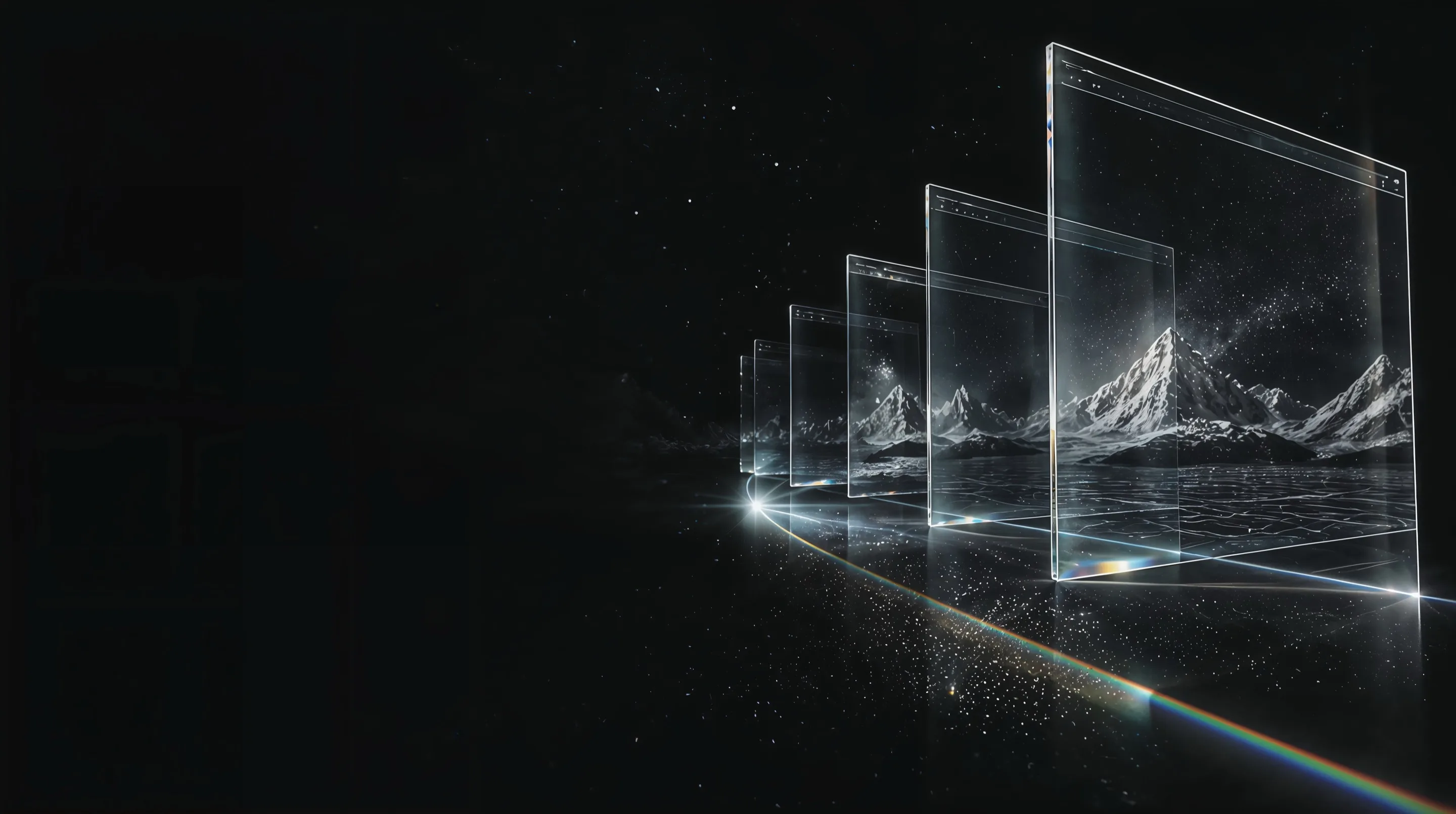Durchscheinende Glas-Browserfenster, die als Ebenen in ein sternenklares Schwarz zurückweichen, mit prismatischem Lichtpfad – Web-Entwicklung bei Moghancy.